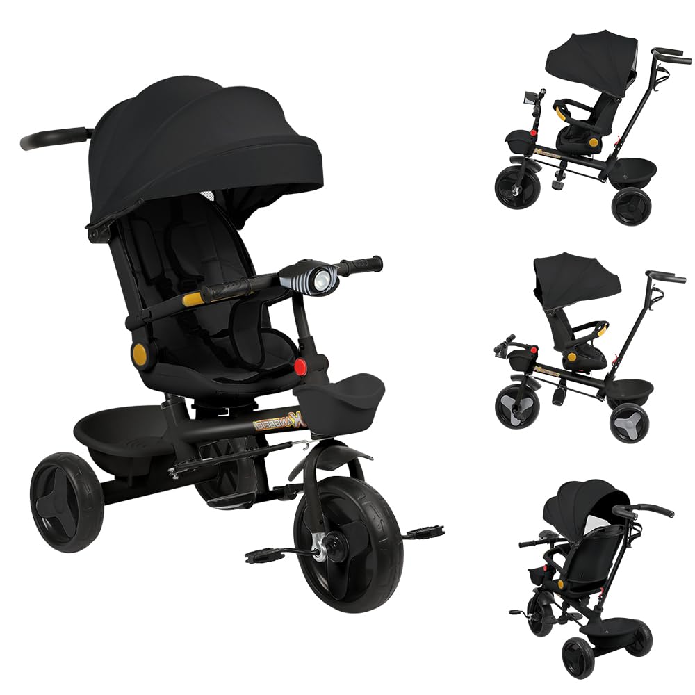Tricycle Bébé évolutif 5 en 1 Vélo Poussette Bébé avec Siège Pivotant à 360°, Poignée de Poussée, Auvent Amovible, Ceinture de Sécurité à 3 Points, Rangement, 1 à 5 Ans (Noir, 5 en 1)