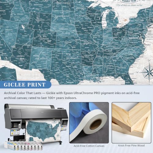 Image of IPIC Antique Blue US Travel Map with Pins, USA Map Pin Board, Size 42x28 in