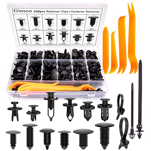 Ginsco 240 Pcs 12 Sizes Car Push Bumper Fastener Rivet Clips with 4 Pcs Auto Trim Removal Tool 10 Pcs Cable Zip Ties Set
