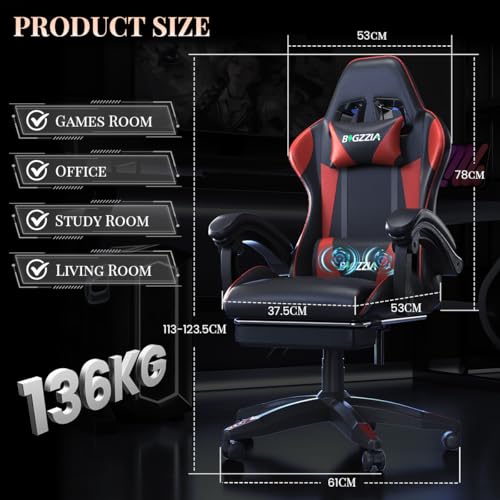 bigzzia Gaming chair with massage function, ergonomic gamer chair with footrest, headrest, lumbar cushion, height adjustment, tilt 90°-155°, gaming chair for gaming, work, relaxation (Red) - Image 4