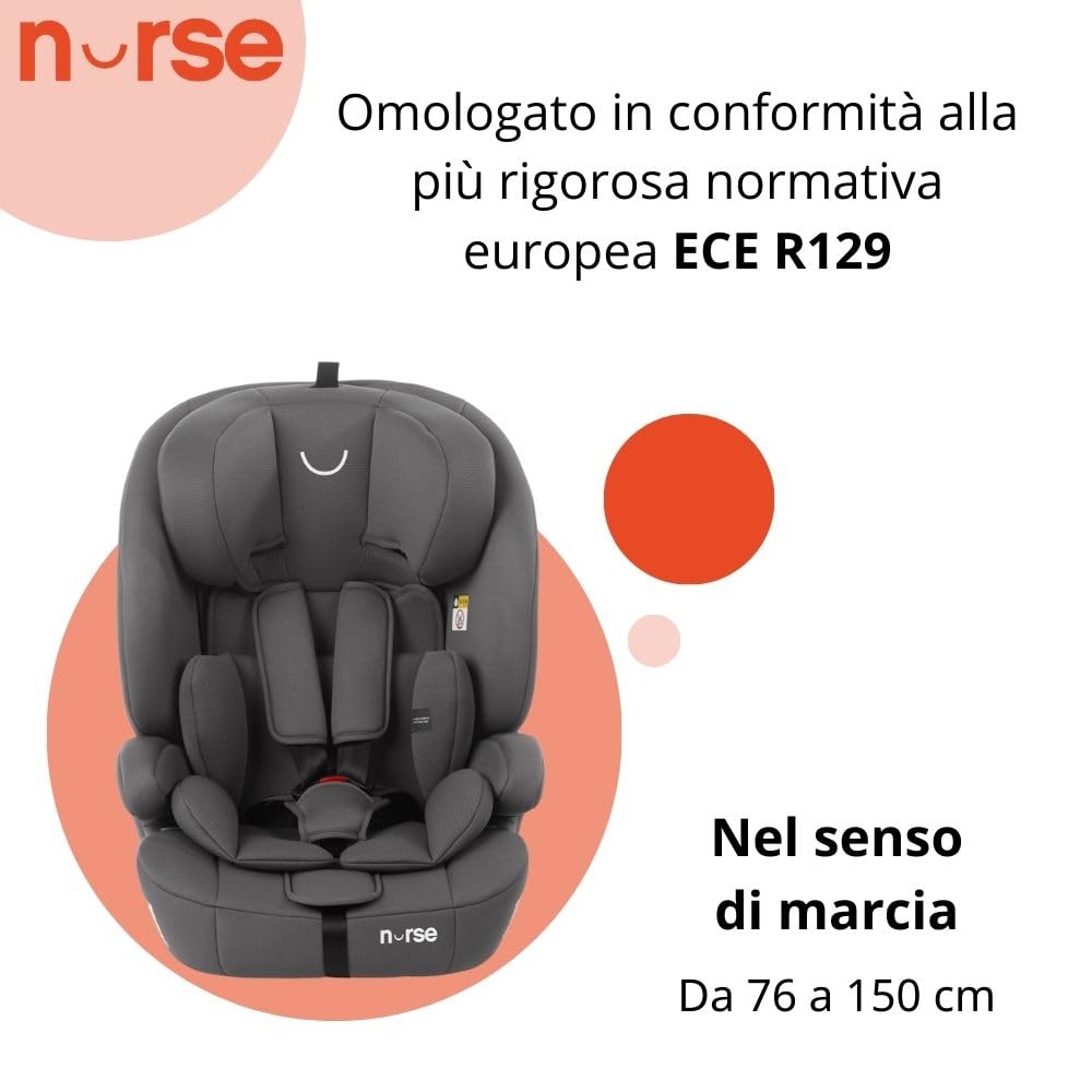 Nurse by Jané Grip Seggiolino Auto i-Size 76–150 cm, 2–12 Anni, Senza Isofix, Installazione con Cintura, 9 Posizioni, Gruppo 1 2 3, Grigio
