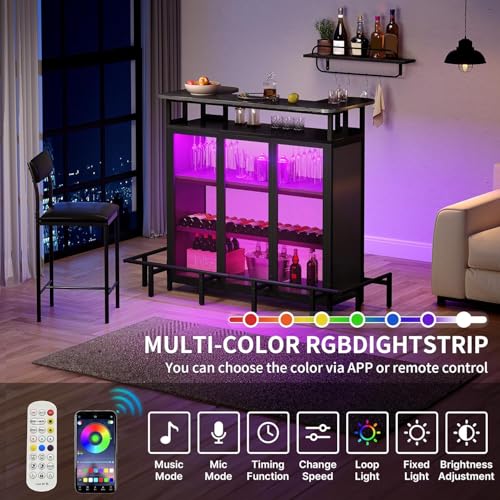 DWVO Mini Home Bar Unit Table with Wall-Mounted Shelf Rack & Music Sensing LED Light, Modern Liquor Wine Bar Cabinet with Footrest and Storage for Home Kitchen Pub Living Room, Black