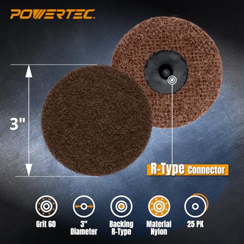 Image of POWERTEC 3-Inch Sanding Discs for Die Grinder & Power Drill - 25pcs Quick Change Type R Discs, 60 Grit Aluminum Oxide Non-Woven Nylon Surface Conditioning Pads for Metal, Wood & Paint Removal (11401)