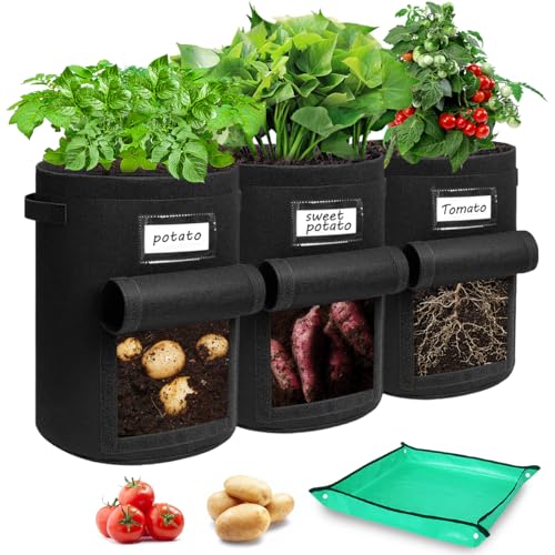 Airminti Kartoffel Pflanzsack, 7 Gallonen kartoffelsack Zum Pflanzen/ 3 Stück Pflanzsack mit Sichtbarer Klappe, Pflanzenschilder Zum Beschriften für Kartoffeln, Tomaten,Blumen, Gemüs (Schwarz-7)