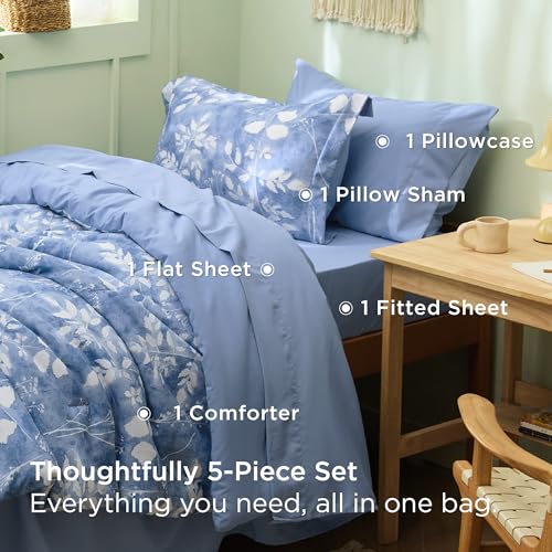 Image of Bedsure Floral Blue Comforter Set, Twin-XL Bedding Sets, Dorm, 5 Piece | Bed in a Bag, Bedroom, Dorm Room,Reversible, Fluffy, Whisper-Quiet, All-Season, Polyester, Easy Care, Botanical-Chic, OEKO
