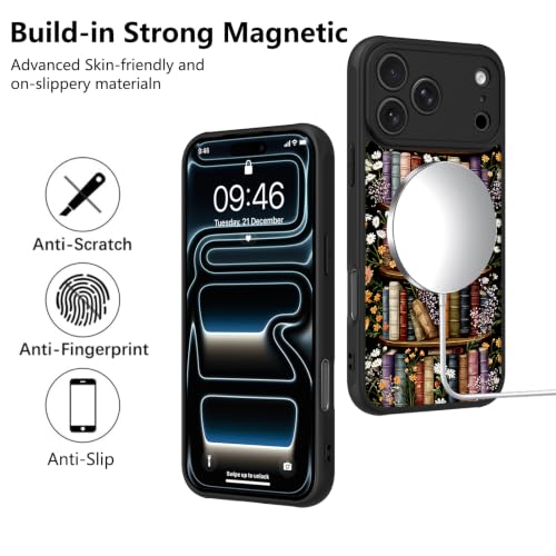 Image of KANGHAR Case for iPhone 17 Pro Max Bookshelf Floral Black | [Compatible with for Magsafe] Cute Vintage Flowers Protective Magnetic Case for Girls Women
