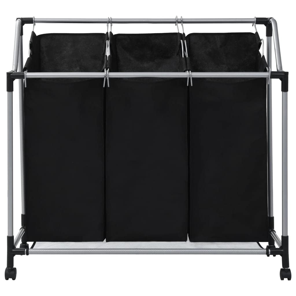 3 Fächer Wäschesortierer Wäschekorb Sortieren Wäsche Laundry Baskets mit Rollen und 3 Fächern, Wäschesammler Wäschewagen Wäschebox Wäsche Sortiersystem für Schmutzwäsche, Schwarz