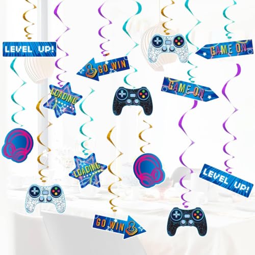 WERNNSAI Video Game Hanging Swirls - 21 PCS Video Game Party Decorations for Kids Boys Gamer Birthday Party Ceiling Window Door Decors Hanging Whirls Streamers for Gaming Night Party Supplies