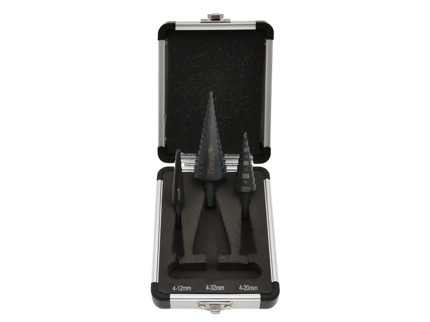 BSD Juego de brocas cónicas HSS M2 de alta precisión (3 piezas, 4-12mm, 4-20mm, 4-32mm) - Ideal para metal y plástico en maletín de aluminio robusto.