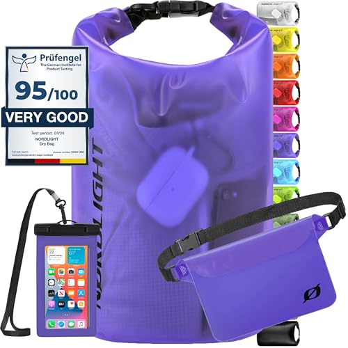 Nordlight Juego de 3 Bolsas Impermeables (Púrpura) – Dry Bag 10L + Funda Impermeable para teléfono móvil + riñonera Impermeable | protección IPX8 | con Correas Ajustables para Playa Paddling