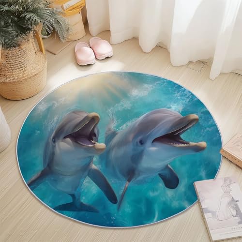 Genérico Alfombras Redondas Lavable 90 cm, Lindo Animales Marinos Delfines Tema Alfombra Redonda para Sala de Estar Dormitorio Lavandería, Pelo Corto Antideslizante Alfombras, Azul