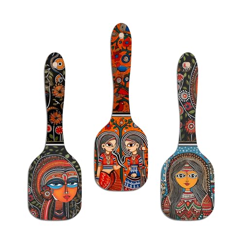 Image of Artvibes Madhubani Women Portrait Spatula Shape Wooden Wall Hanging | Madhubani Wall Paintings | Wall Accent | Gift Items | Aesthetic Wooden Decor | Ethnic Wall Decor (WH 11001N), Set of 3