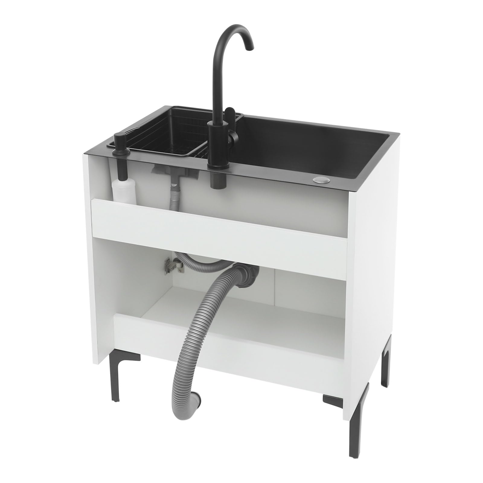 Spüle mit Unterschrank 68x45cm, Einbauspübe Küchen Waschbecken mit 360° Wasserhahn & Seifenspender, Freistehende Schrank Spüle für Küche, Waschküche, Schwarz mit Weißem Korpus (1 Becken)