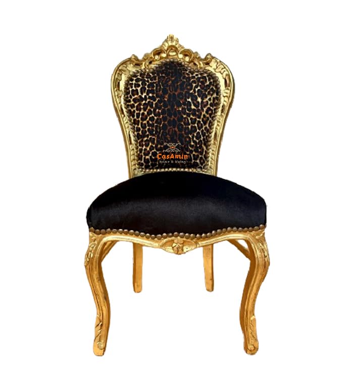 CasAmin Home & Living Accent Chaise Louis XV style baroque Noir velours imprimé léopard Finition dorée