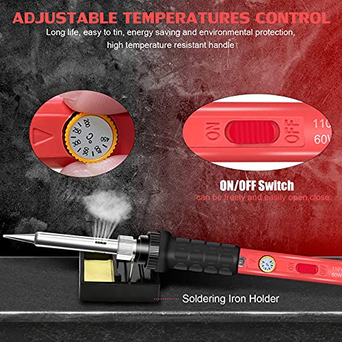 Soldering Kit, 60W Soldering Iron, 110V Welding Kit with Ceramic Heater, Portable Solder Irons with 5pcs Extra Tips, Stand, Solder Tube, Sponge, for Electronic Repair - Image 6