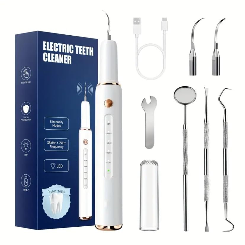 Carolain. Kit de Limpieza Dental con luz LED. Elimina Sarro, Manchas y blanqueador. Dientes limpios, Blancos y sanos. Ideal para Regalo! También Apto para Mascotas.