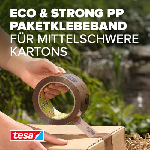 tesa tesapack Eco & Strong - Umweltschonendes Paketband aus 100% recyceltem Kunststoff, UV- und alterungsbeständig - Braun bedruckt - 66 m x 50 mm