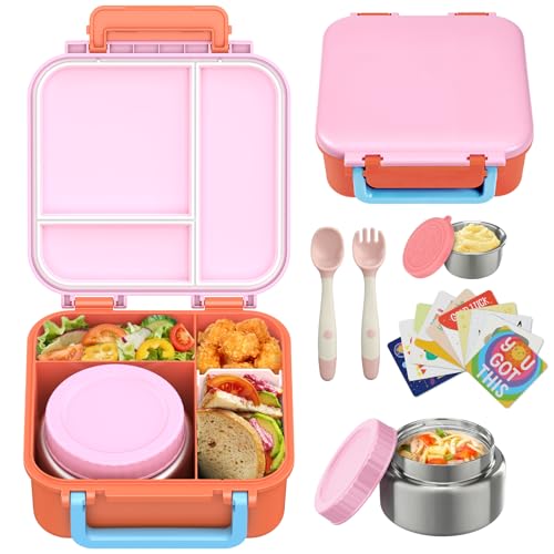 Image of Kids Bento Lunch Box with 9oz Soup Thermo Leakproof Lunch Food Containers 4 Compartment with Insulated Hot Food Jar for Kid Toddler Girls Boys to School, Trvael