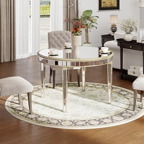 blingworld Mesa de comedor redonda de cristal vintage de 47.25 pulgadas con base de madera con parte superior de espejo, acabado plateado de lujo para 4-6 personas, sala de estar y comedor