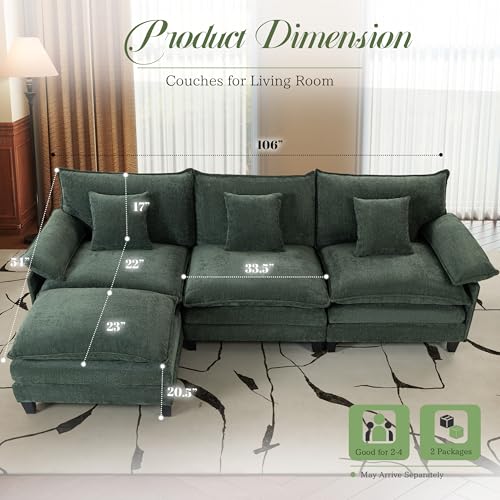 Image of 106 inch Cloud Couch, Comfy Modular Sectional Sofa with Movable Ottoman, L Shaped Modern Sofa with Pillows, Deep Seat Couches for Living Room, Bedroom and Apartment, Green