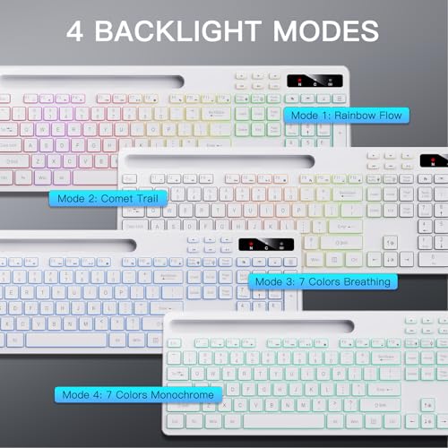 Image of Soueto Wireless Keyboard with 7-Color RGB Backlit, Full-Size Computer Keyboard with Phone Tablet Holder, 2.4G Rechargeable Gaming Keyboard with Light Up Keys, Compatible with Mac, Windows (White)