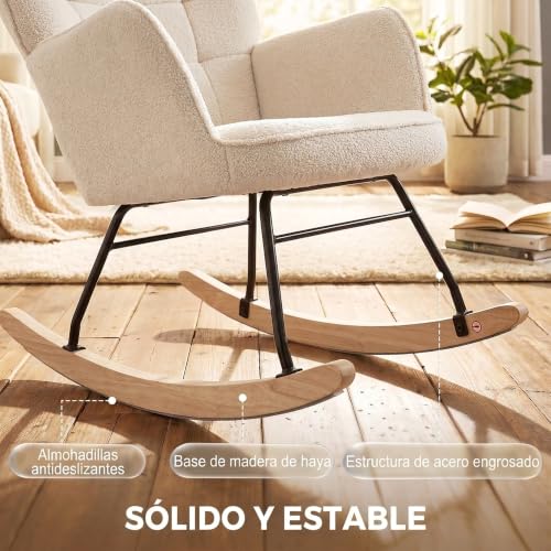 Miniatura 8 de Homcom Mecedora De Borreguito Silla Mecedora Con Patas De Madera De Haya Y Marco De Acero Carga 120 Kg Para Dormitorio Salón Beige