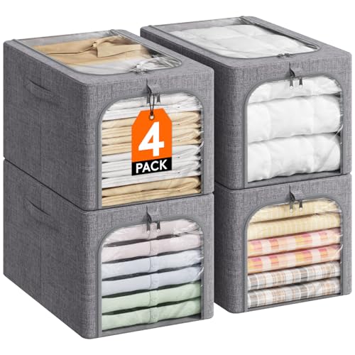 Lifewit   Paquete de 4 contenedores de almacenamiento de ropa con marco de metal, contenedores de almacenamiento de ropa plegables con tapas, cajas de almacenamiento apilables de 40L