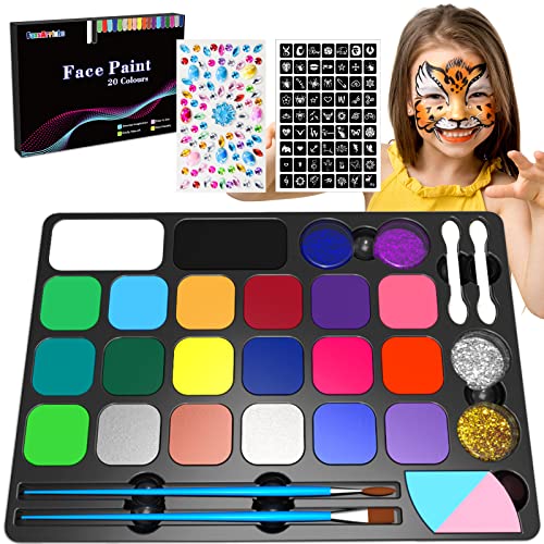 Pinturas Cara Para Niños, Paleta De Pintura Lavable De 20 Colores, Pintacaras Infantil, 4 Purpurina, 63 Plantillas y Gemas, Fiesta, Festival, Body Painting, Halloween Maquillaje