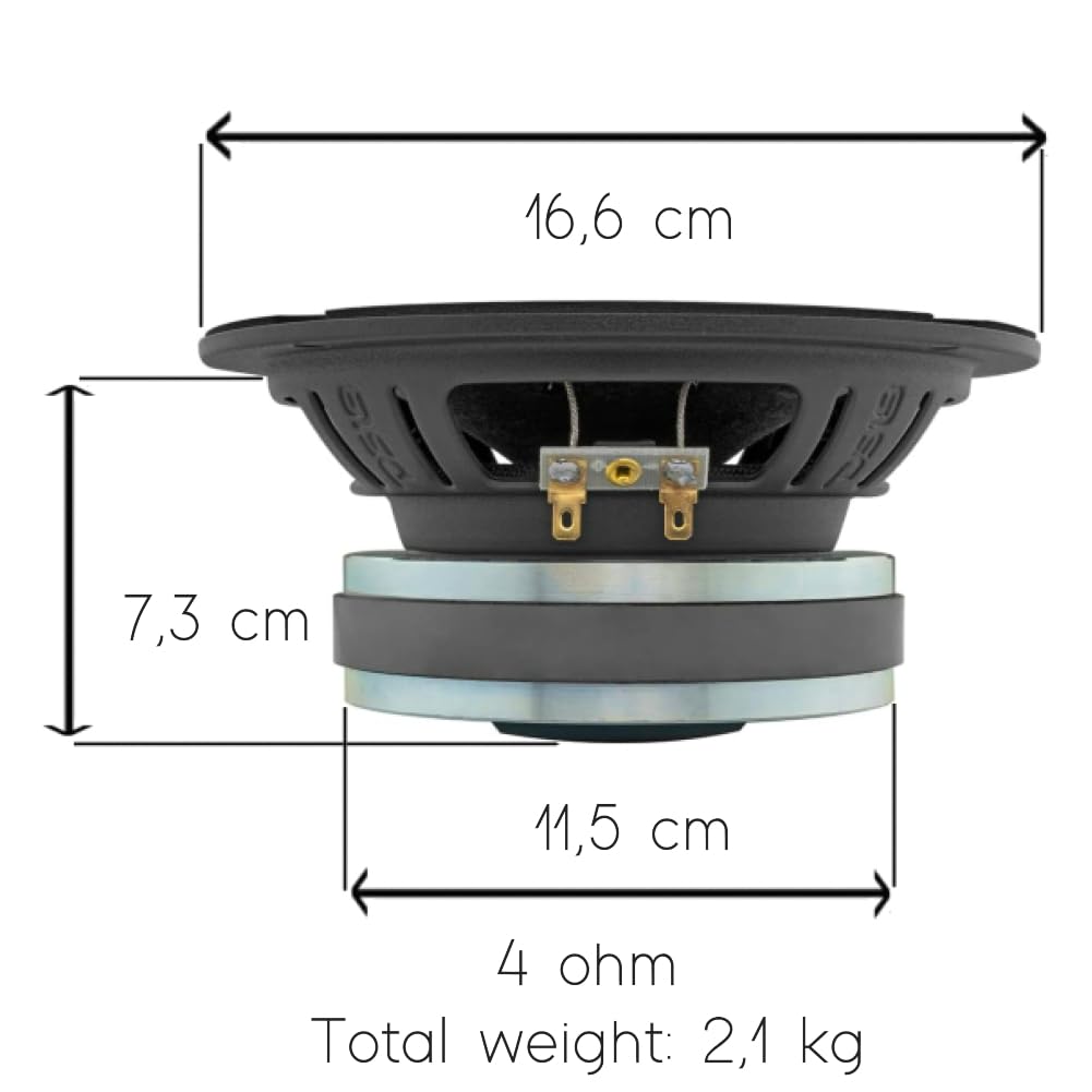 KIT Set pour DS 18 6PRO300MB-4 1 Haut-Parleur Mid Bass Professionnel mesurant 16,5 cm 165 mm 6,5" de diamètre, 150 Watts rms et 300 Watts Max, 4 ohm, sensibilité 96 DB, pour Voiture, 1 pièce + faston