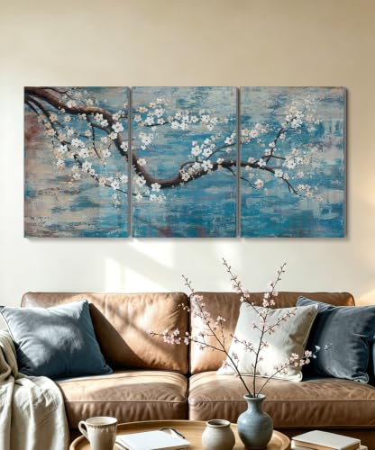 Image of Ejart Wall Art for Living Room 100% Hand-Painted Flower Oil Painting On Canvas Gallery Wrapped Large Framed Floral Plum Blossom Tree Teal Blue Artwork for Home Bedroom Decor 48 inchx24 inch