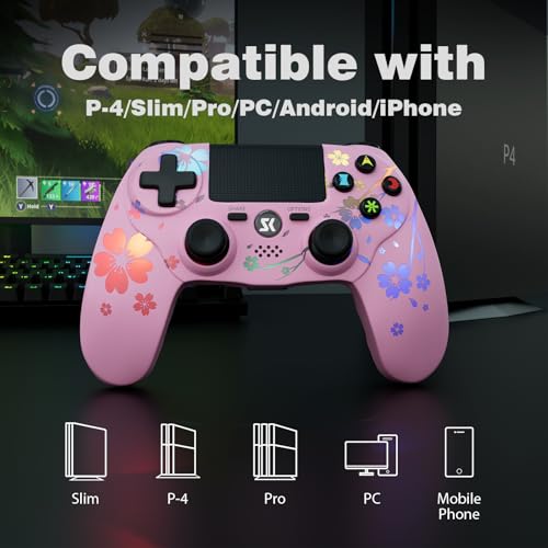 Image of CHENGDAO 2 Pack for PS4 Controller, Wireless Controller for PlayStation 4 /Pro /Slim /PC, Adjustable RGB Light, 1000mAh Battery, Speaker & 3.5mm Audio Jack, Purple + Pink