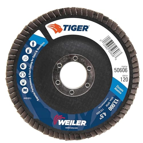 Image of Weiler 50606 Tiger 7 /8 inch Arbor, 4-1 /2 inch Diameter, 120 Grit, Zirconium, Phenolic Backing, Angled Abrasive Flap Disc (Pack of 10)