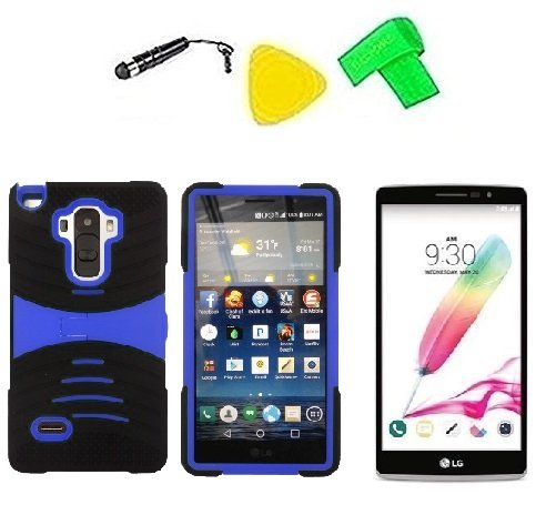Heavy Duty Hybrid w Kickstand Phone Cover Case Cell Phone Accessory + LCD Screen Protector Guard + Extreme Band + Stylus Pen + Yellow Pry Tool For LG G Stylo LS770 / LG G4 Stylus H631 / LG G Stylo MS631 (S-Hybrid Black Blue)