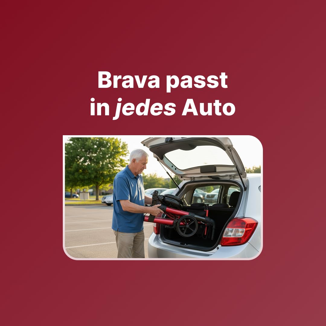 Brava Rollator – Leicht, stabil & 3-fach faltbar – Mit integriertem Bremssystem, Sitz, Rückenlehne, Tasche, Stockhalter & semi-soft Rädern – nur 6,8 kg – Gehhilfe für Senioren - Rubinrot