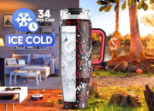 Image of Meoky 40 oz Tumbler with Handle and Straw, Insulated Tumbler with Lid and Straw, Stainless Steel Travel Mug, Keeps Cold for 34 Hours, 100% Leak Proof, Fits in Car Cup Holder (Romance)