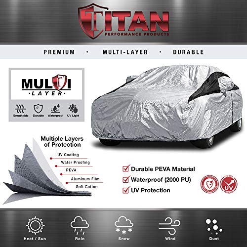 Image of Titan Premium Multi-Layer PEVA Car Cover for Large Sedans 203-212 inch. Waterproof, UV Protection, Anti-Scratch Protective Lining, Driver-Side Zippered Opening. Fits Avalon, XTS, 6-8 and More.