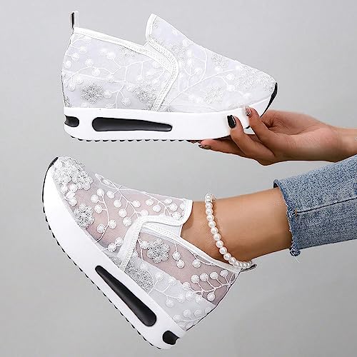 Womenyiaor Women's Fashion Sneakers Dressy Floral Embroidery Sheer Mesh Lace Sneakers Platform Wedge Sneakers for Women Slip on Walking Shoes Loafers Lace up Sneakers Casual Shoes4