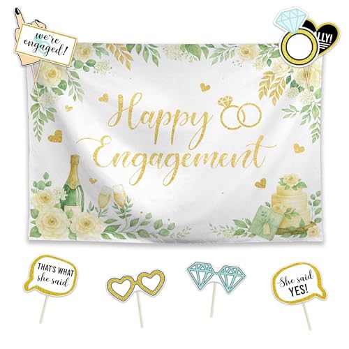 Allenjoy Happy Engagement Party Decorations Set - 9 Piece Kit with 59"x35" Backdrop, 8 Photo Booth Props, Supplies, Favors for Couple Bride Fiancee Decor