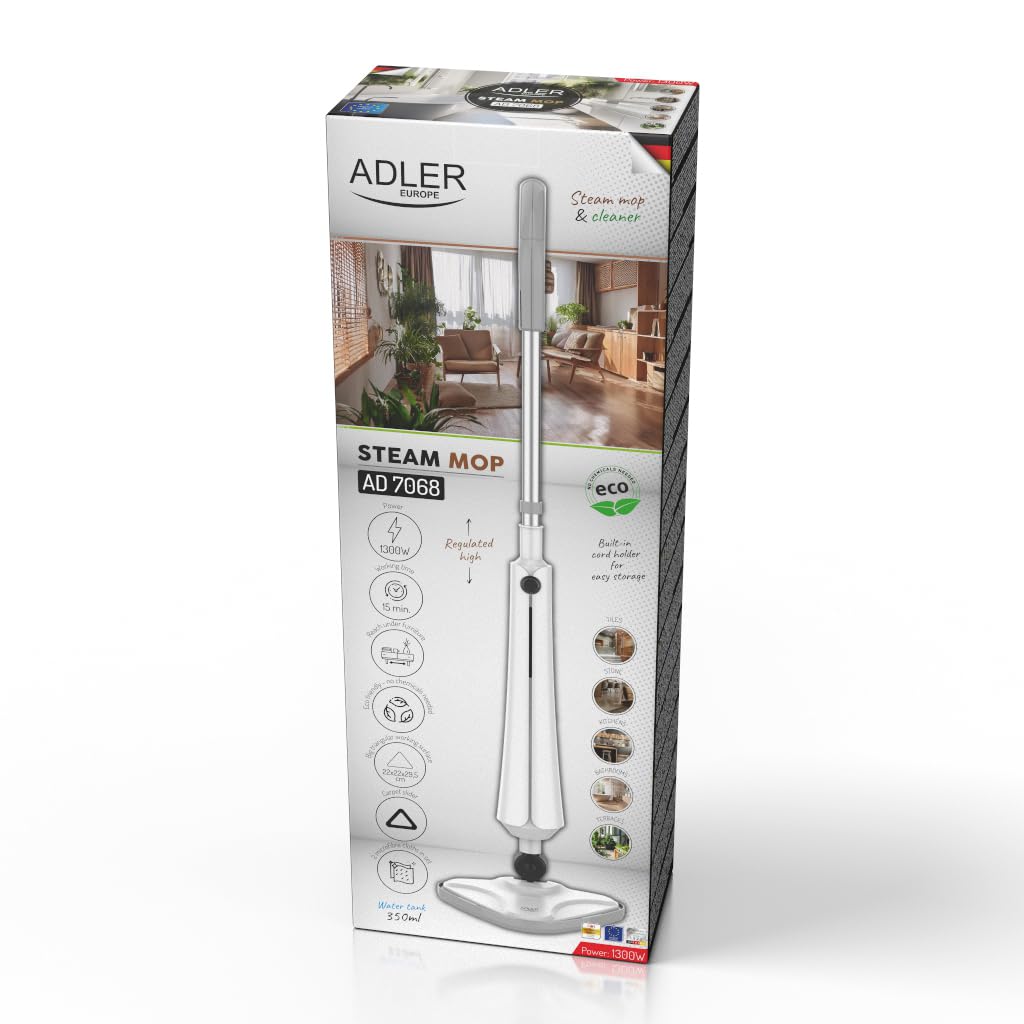 ADLER EUROPE Dampfreiniger Perfekt für Fußböden, Parkett, Fliesen und Teppiche, Mit heißem Wasserdampf gegen Bakterien, Weiß
