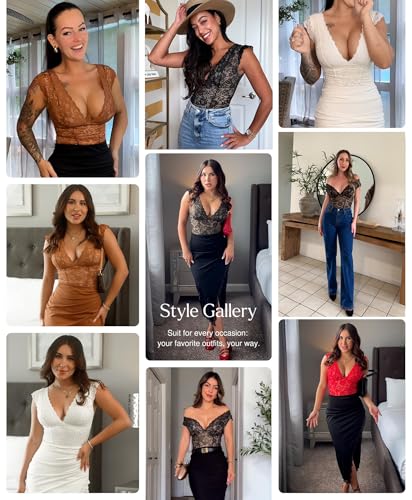 Popilush Lace Body Suits Women - Tank Top Thong Shapewear Tummy Control Going Out Tops Deep V Neck BodySuit2