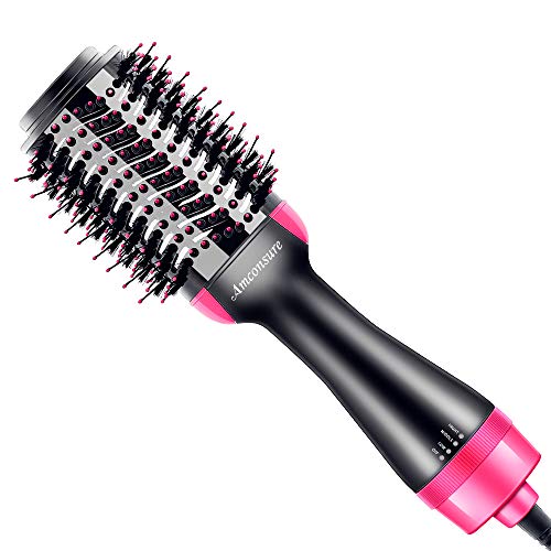 Milantia 1000W 2 in 1 Hair Dryer Brush, Interchangeable Ceramic Tourmaline Ionic Hot Air Brush, 3 Heat / 2 Speed Settings Hair Volumizer and Dryer for Drying / Straightening / Curling