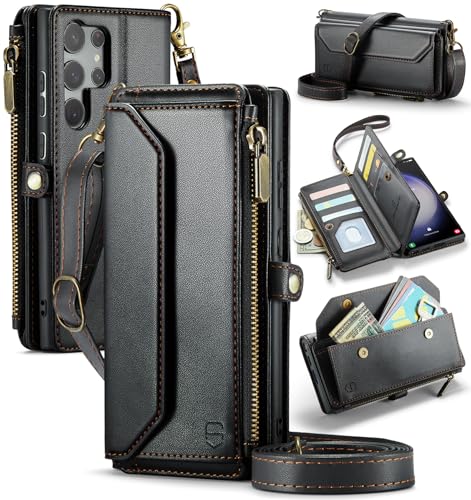 Strapurs Crossbody Wallet Case Compatible with Samsung Galaxy S23 Ultra 5G RFID Blocking 10-Card Holder Soft PU Leather Magnetic Snap Strap Zipper Pocket Phone Case Fit for Galaxy S23 Ultra - Black