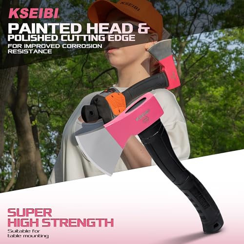 KSEIBI Hatchet with Sheath, Camping Axe for Splitting and Kindling Wood, Forged Steel Blade with Anti-Slip and Shock Reduction Handle Great Throwing Hatchets Pink
