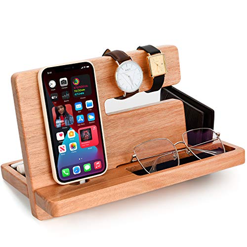 SHIBA LOGIC Wood Phone Docking Station for Men – Nightstand Organizer for Bedside Table Charging with Watch Holder Wallet Stand and Valet Trays for Glasses Keys Pens – Wooden Gift for Him