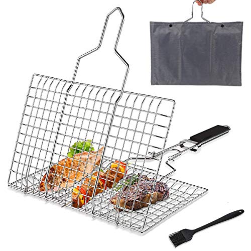 Pecco BBQ Grilling Basket, Foldable Stainless Steel Barbecue Grill Basket for Fish Vegetables Shrimp...
