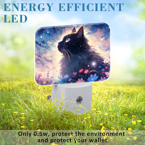 Image of Cartoon Cute Black Cat Night Light for Kids Girls Boys, Cat in The Flowers LED Night Light Plug into Wall with Dusk to Dawn Sensor for Room, Hallway, Kitchen, Bathroom, Stairs Decor