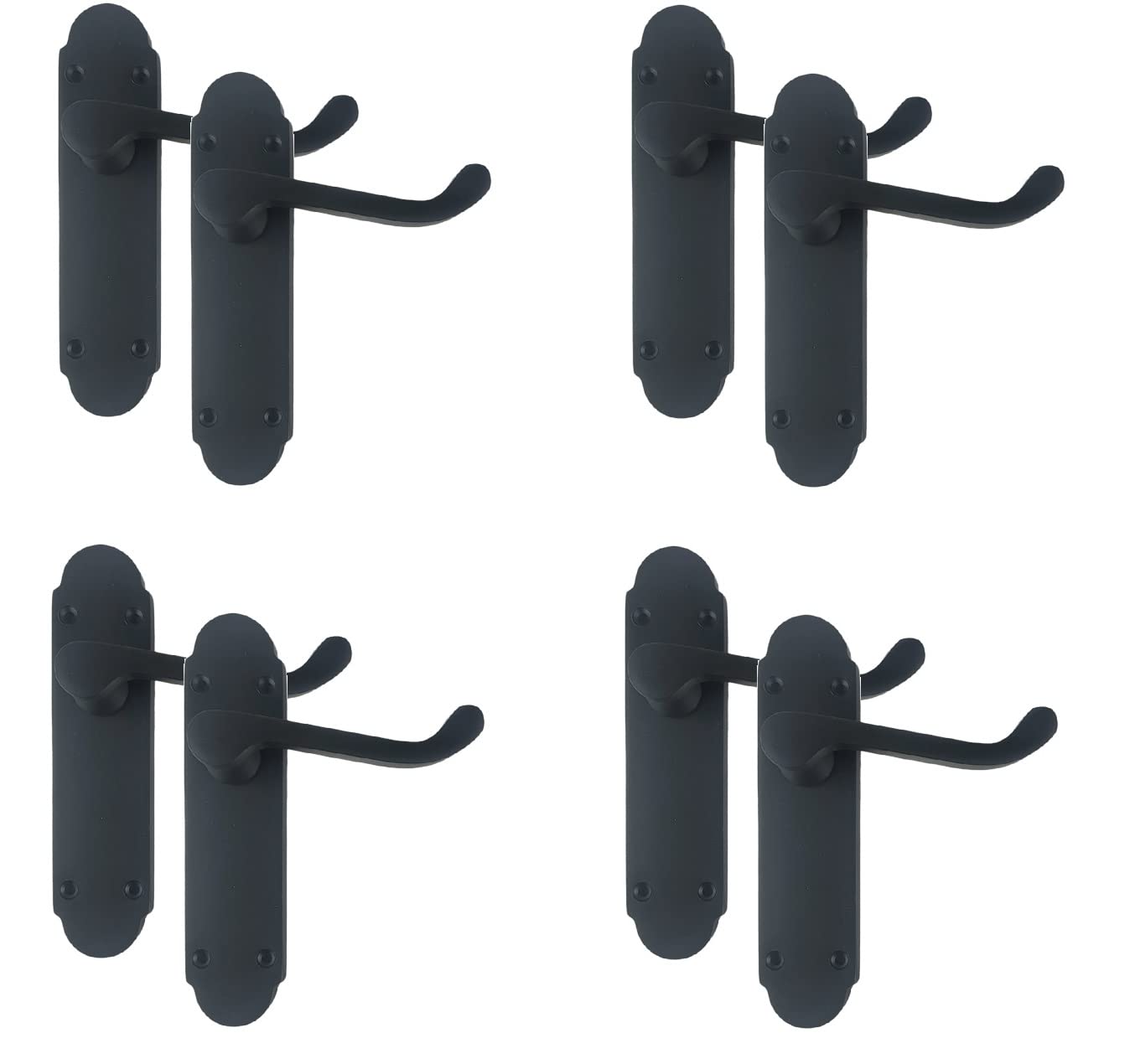 Golden Grace Matt Black Victorian Shaped Premium Door Handles Lever Latch In Finish, Epsom Style, 4 Pairs - 168Mm X 40Mm Backplate