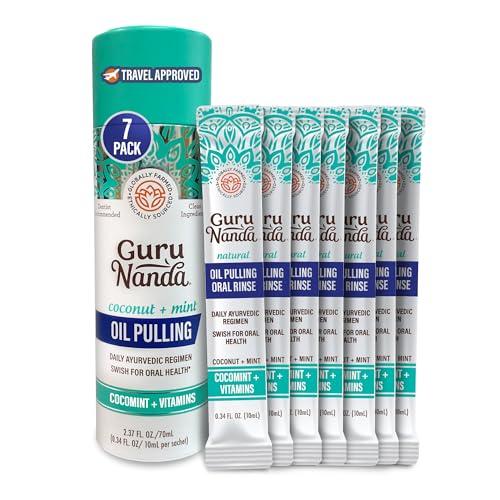 GuruNanda Travel Sachets Coconut Oil Pulling, Fresh Breath Mouthwash, 7 Essential Oils & Vitamins for Happy Teeth & Gums, 7 Sachets