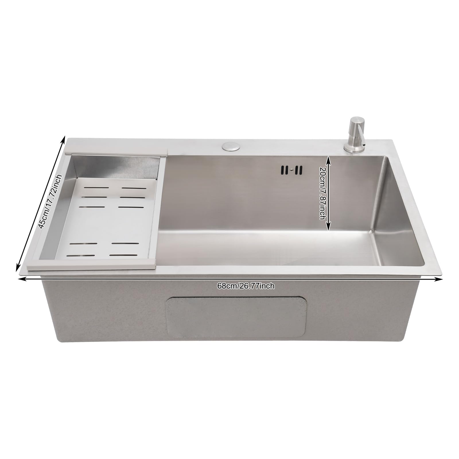 Fregadero de acero inoxidable 68 x 45 cm, fregadero de cocina de alta calidad y fregadero empotrable, con escurridor y escurridor, fregadero de granito empotrable a partir de 45 cm, incluye