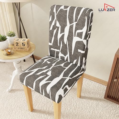 Image of Lukzer 2PC Grey & White Stretchable Dining Chair Cover | Universal Fit Removable Washable Slipcover | 140 GSM Polyester + Spandex | Elastic Protective Cover for Home & Hotel Chairs Seat Slipcover